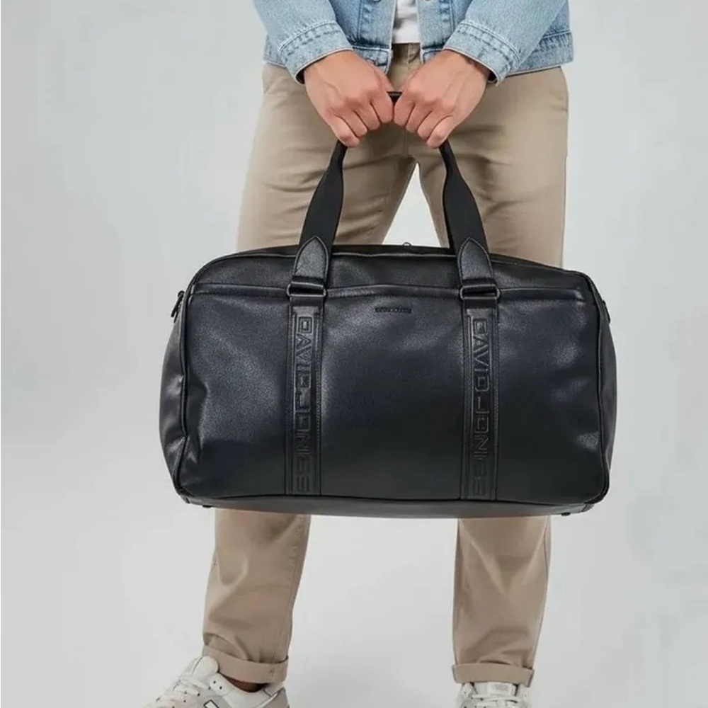 David Jones Black Leather Travel Duffle Bag Gym Weekender 20x11x9 in - Picture 3 of 12